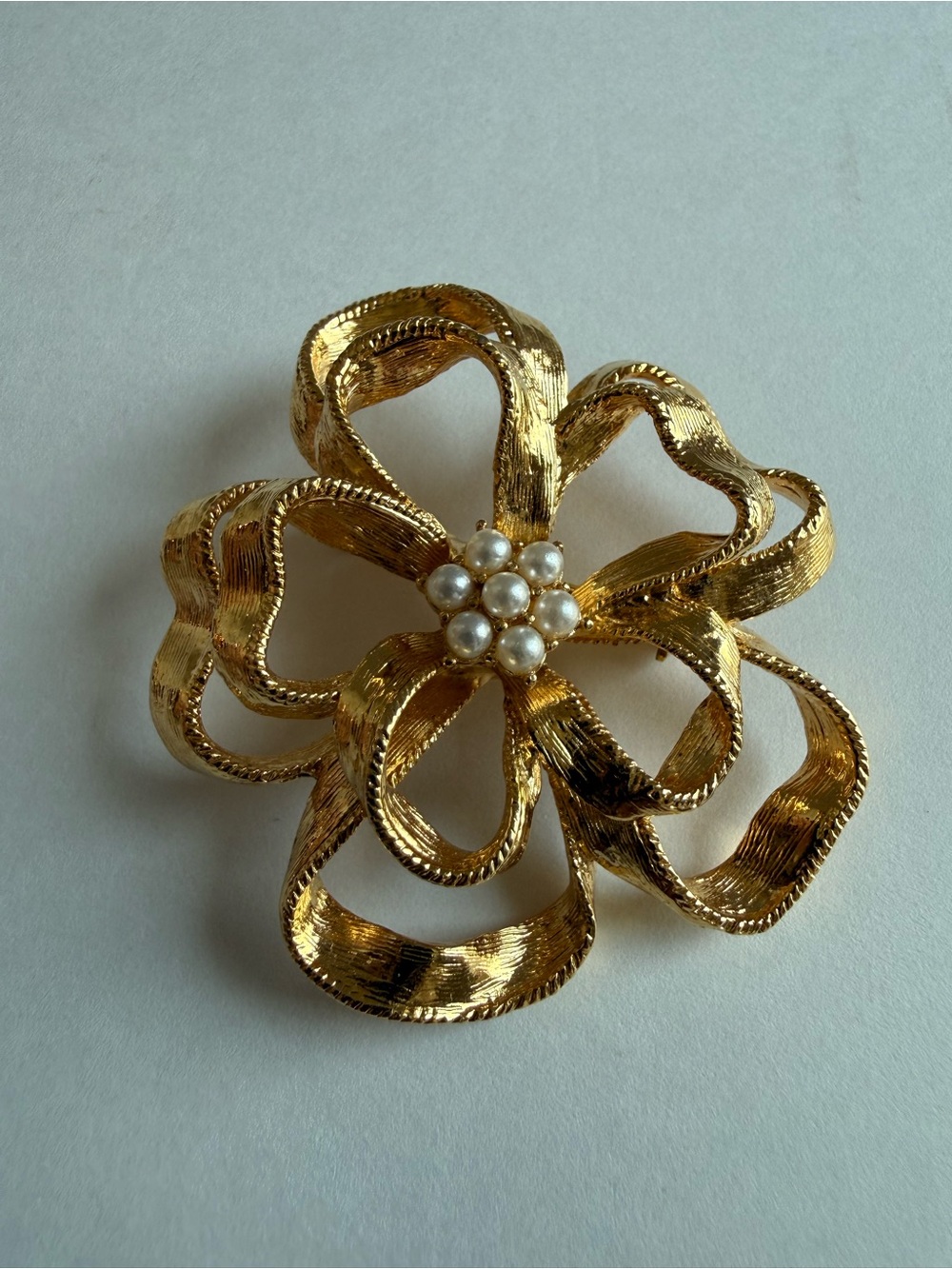 Vintage BSK Gold Ribbon Flower Brooch Faux Pearl Pin